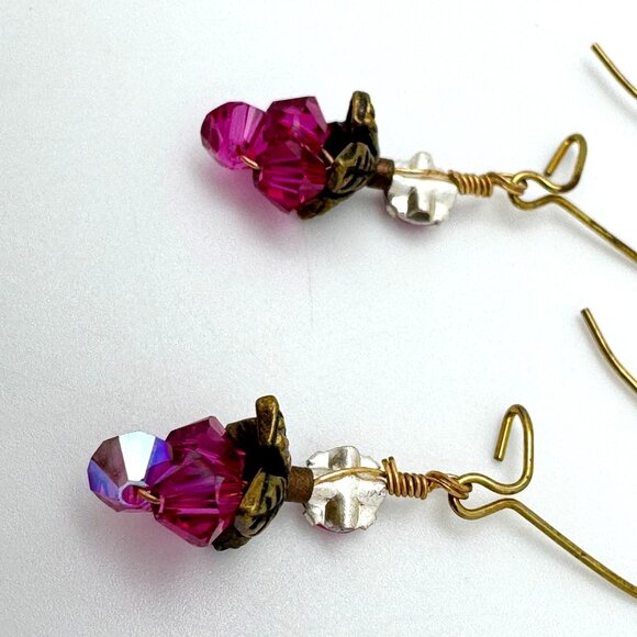 Robin Goodfellow Fuschia Pink Dangle Earrings Gold-Plated Earwires Crystals - Picture 4 of 8